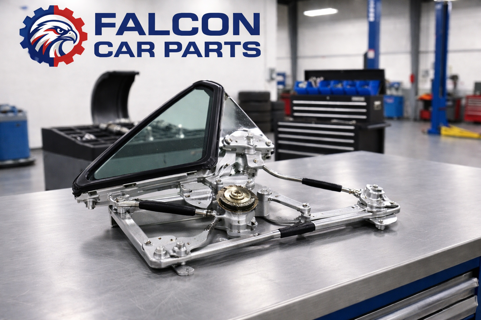 Tested used front vent glass regulator showing the splined shaft and mounting plate