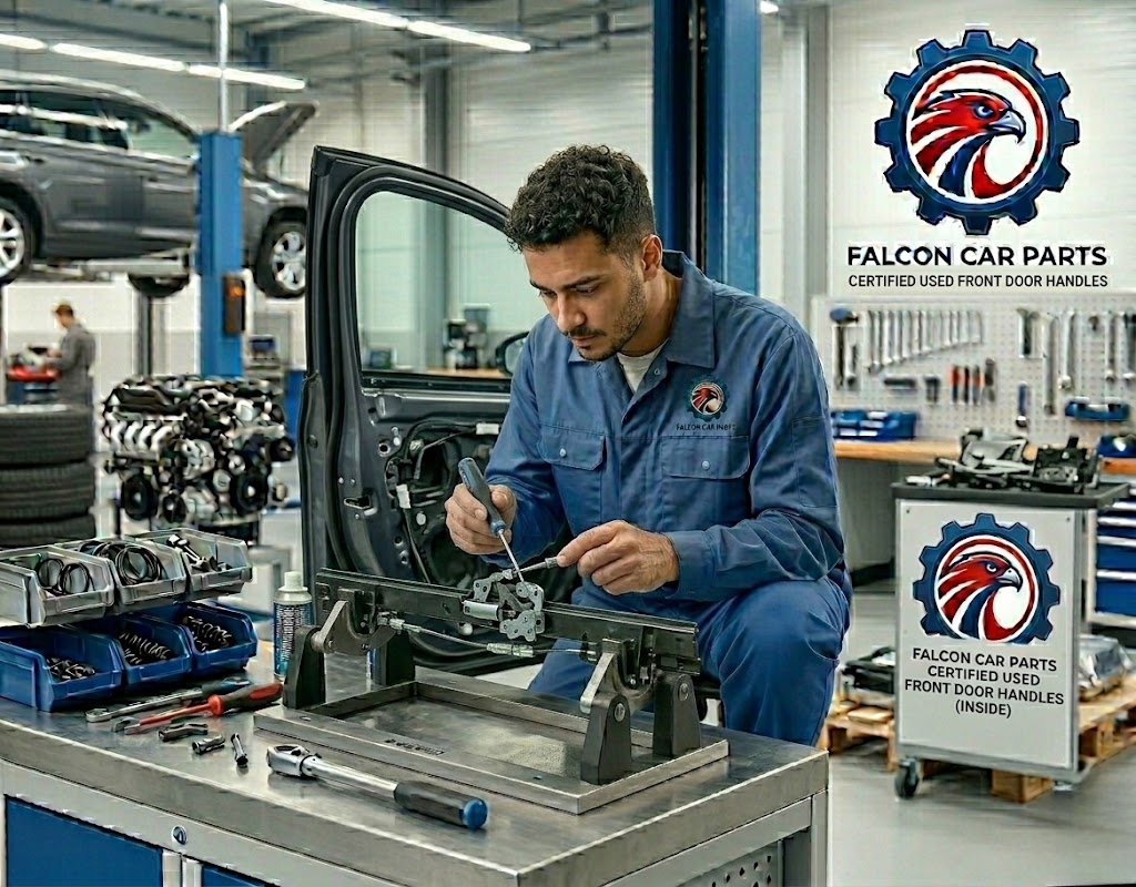 Tested used interior door handle with chrome finish and intact return spring