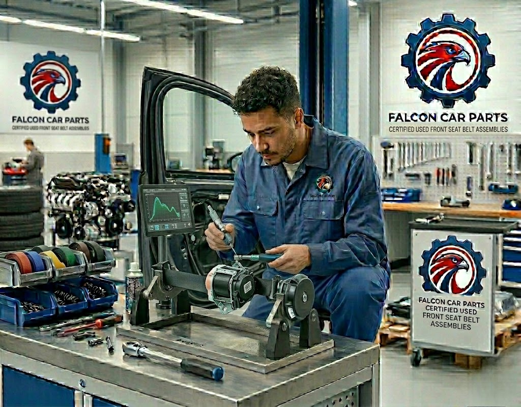 Tested used front seat belt retractor with clean webbing and intact connectors