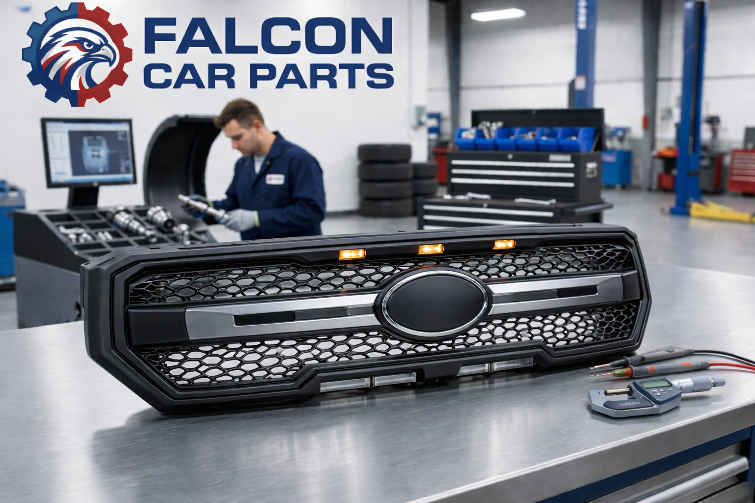 Quality inspected used car grille showing clean chrome and tabs