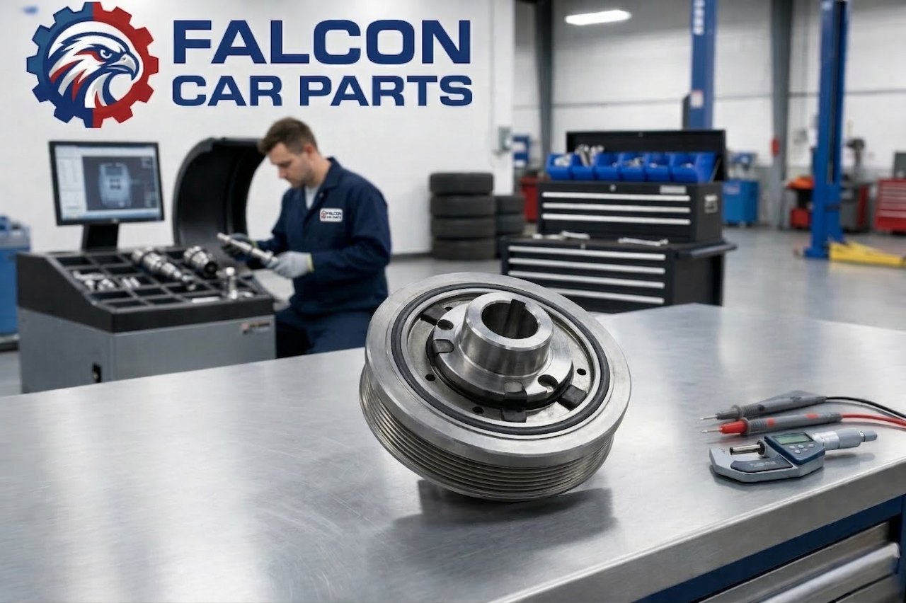 Inspected used harmonic balancer showing clean pulley grooves and rubber seal