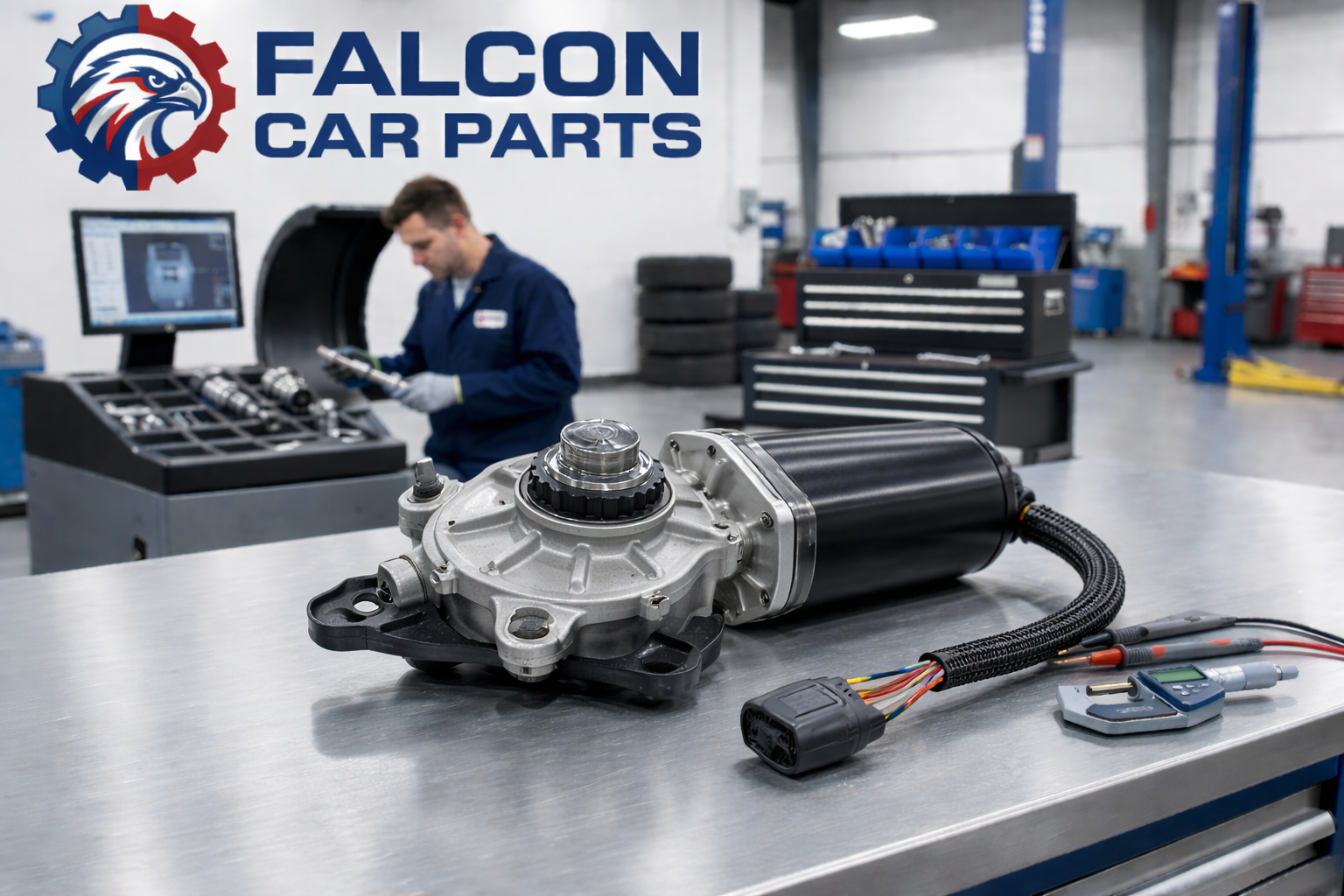 Bench-tested used headlight motor showing clean electrical plug