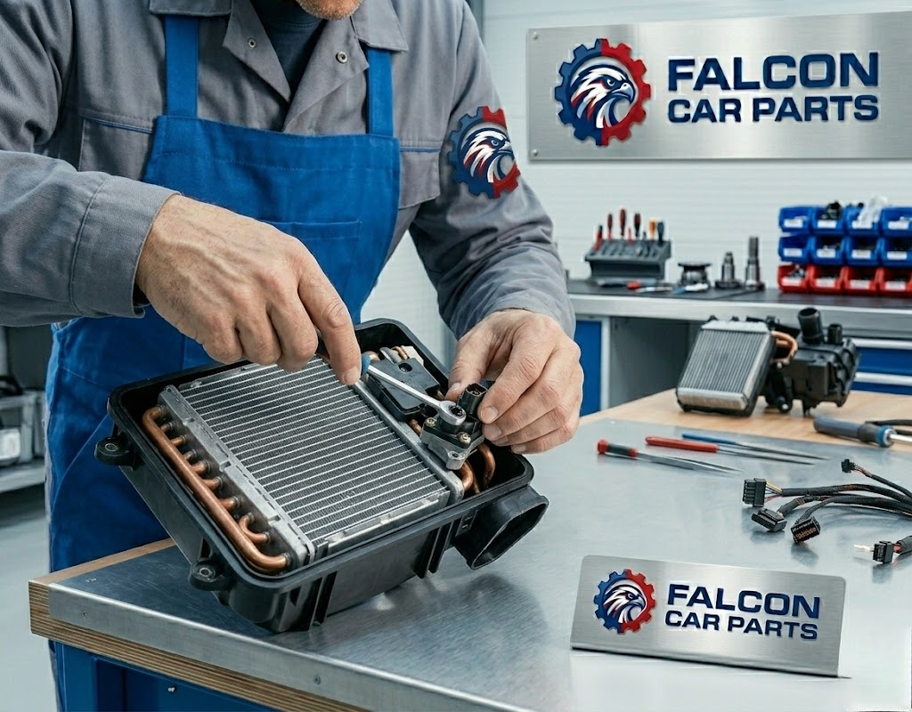 Technical staff inspecting used car heater cores