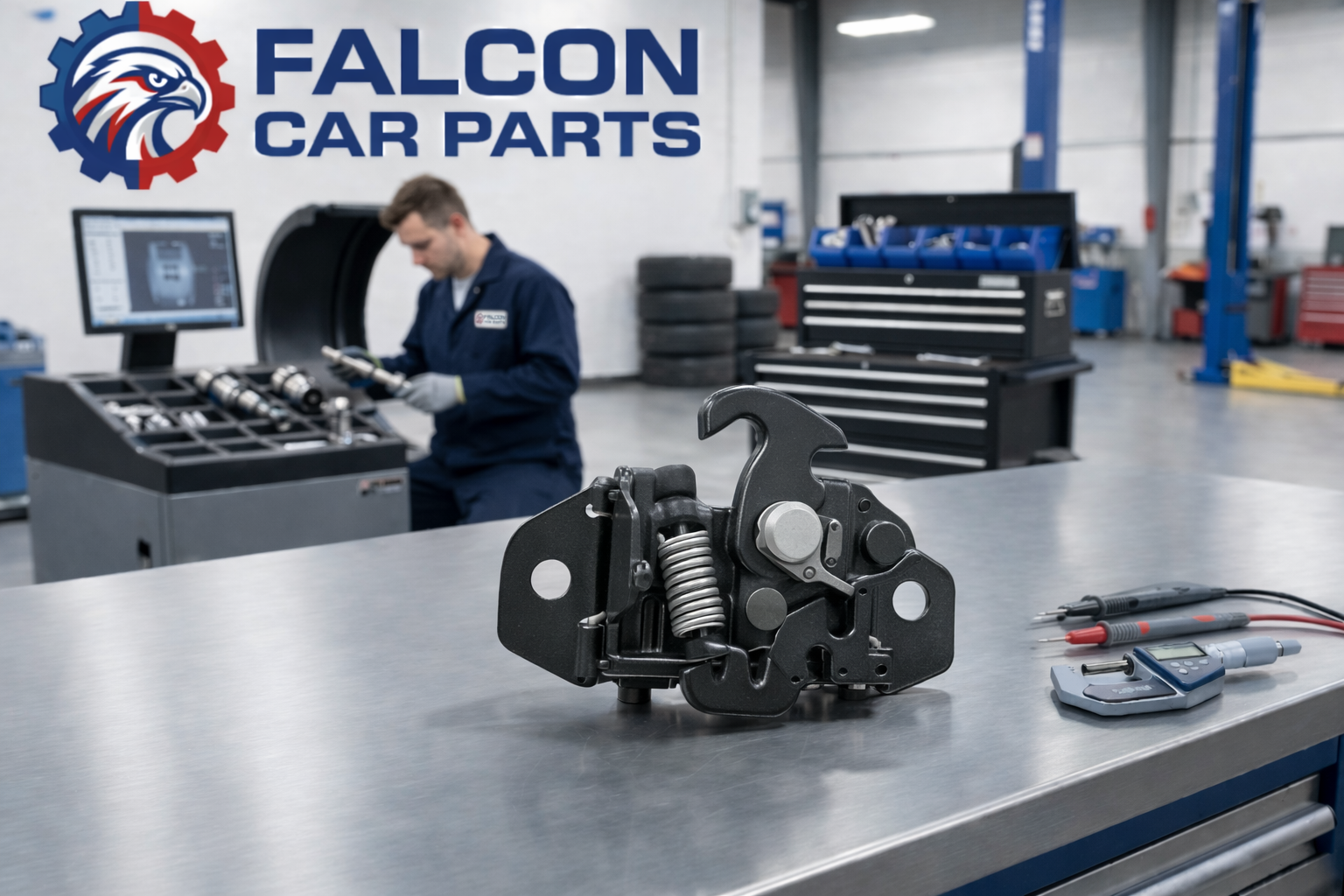 Quality inspected used hood latch showing clean mechanical pivot and sensor plug