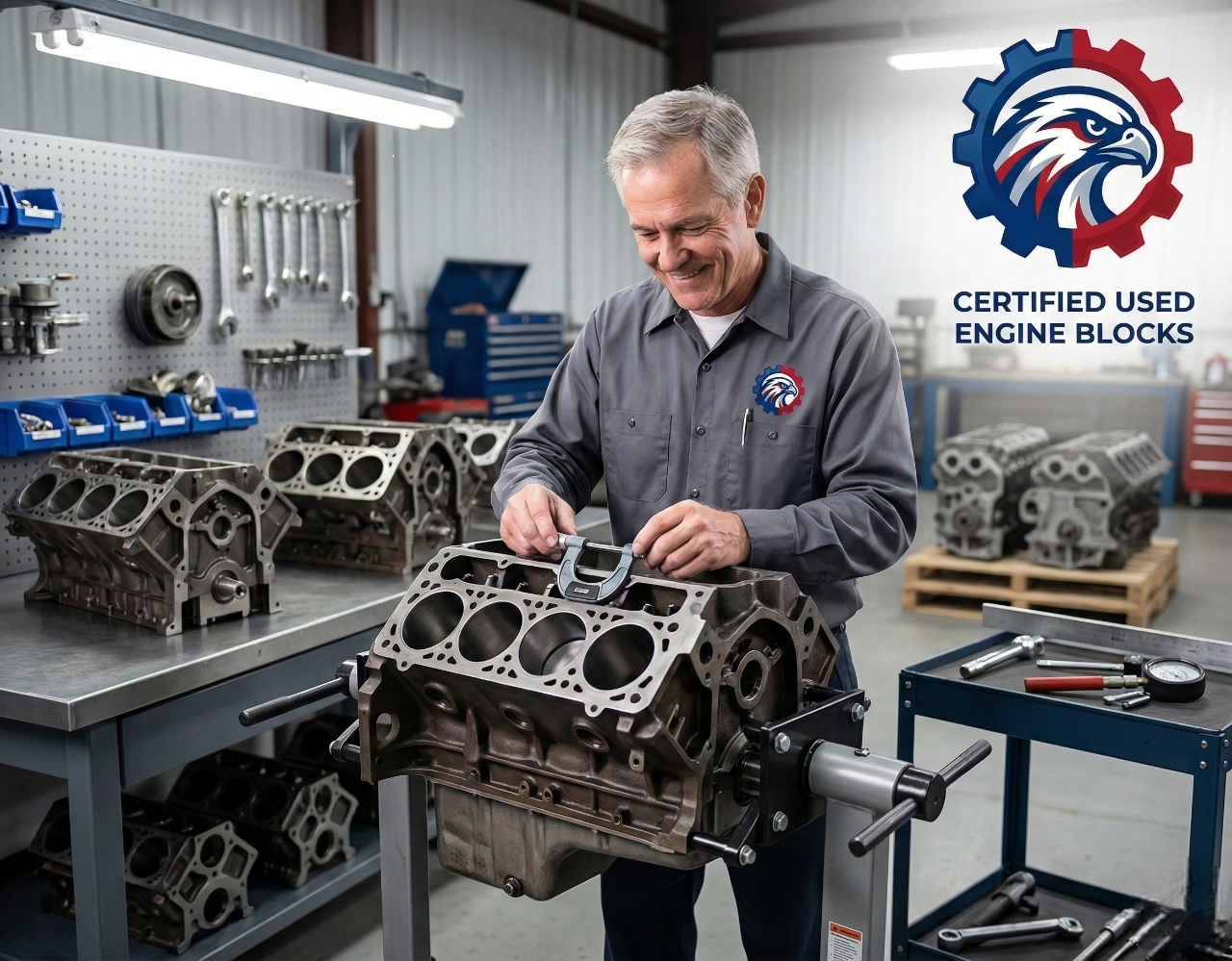 Inspected used OEM engine block with clean cylinder bores