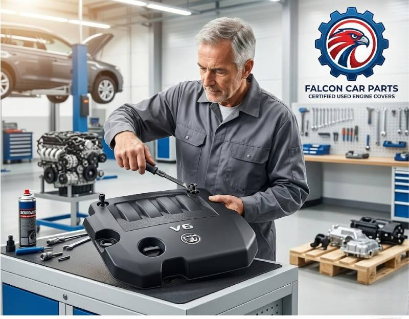 Inspected used OEM engine cover showing clean mounting grommets