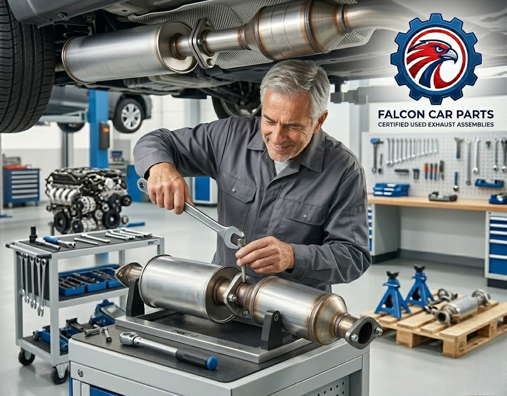 Tested used exhaust assembly with clean hangers and muffler