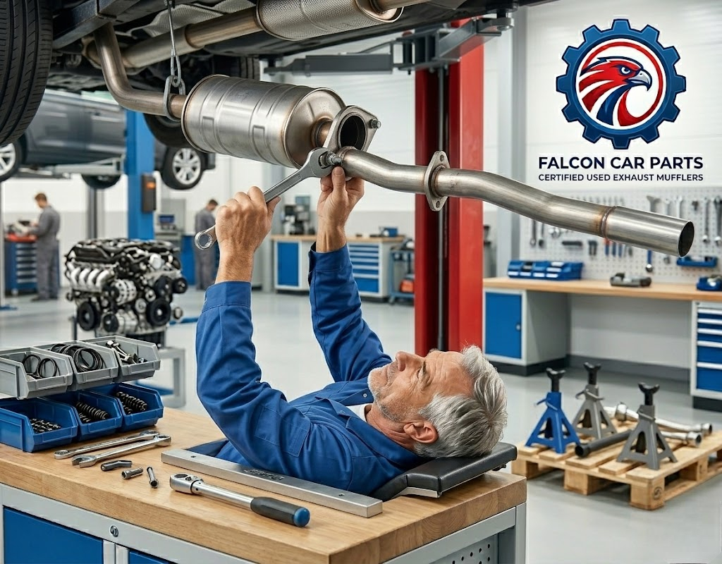 Tested used car muffler with clean welded hangers