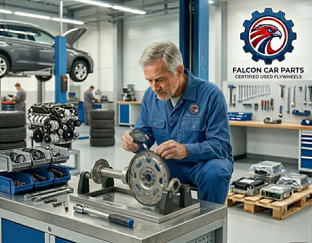 Inspected used OEM flywheel showing clean ring gear and friction surface