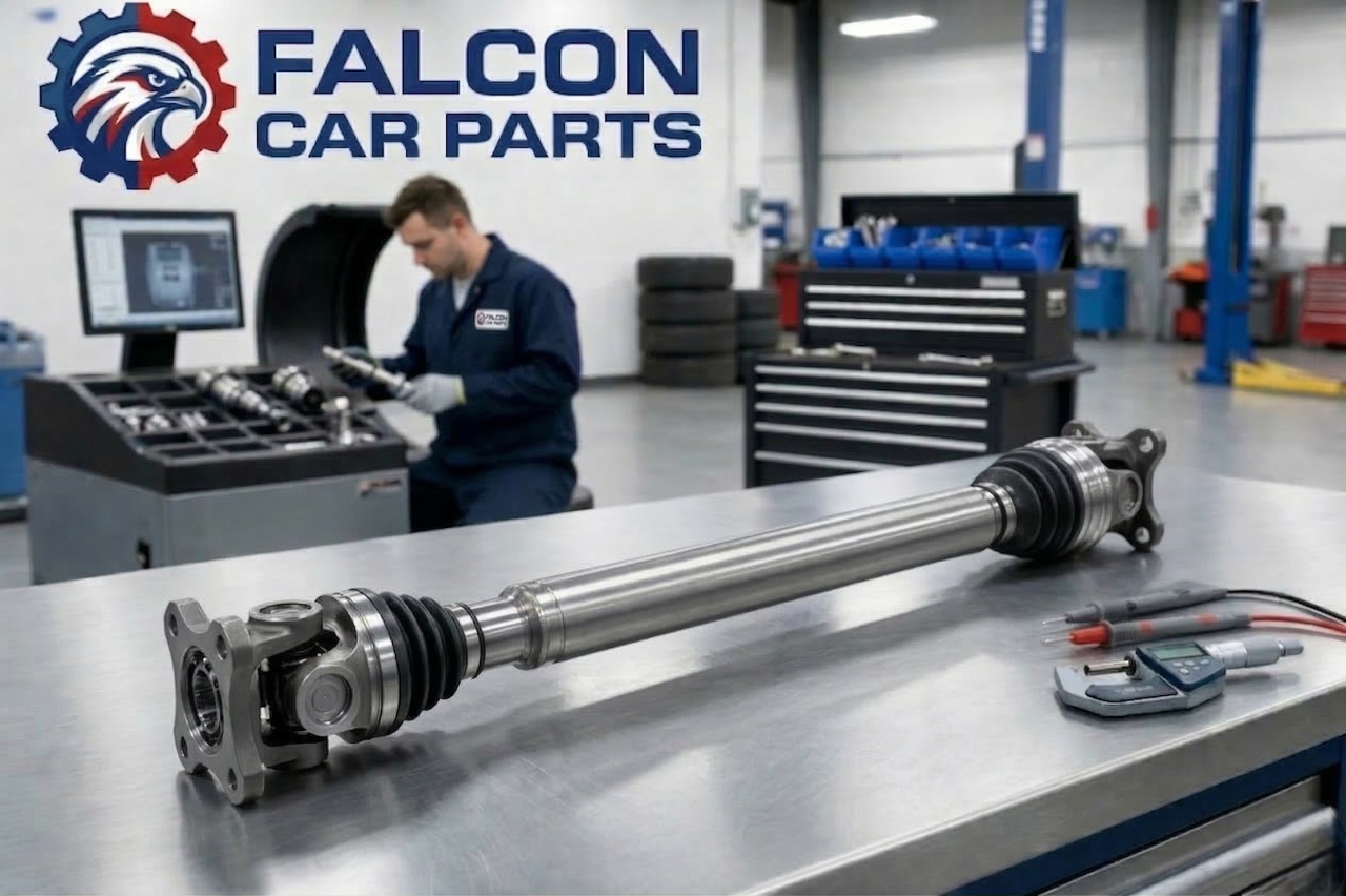 Technical staff inspecting used rear drive shafts