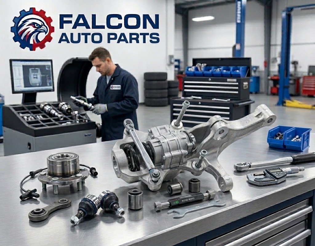 Technician inspecting a rear suspension assembly