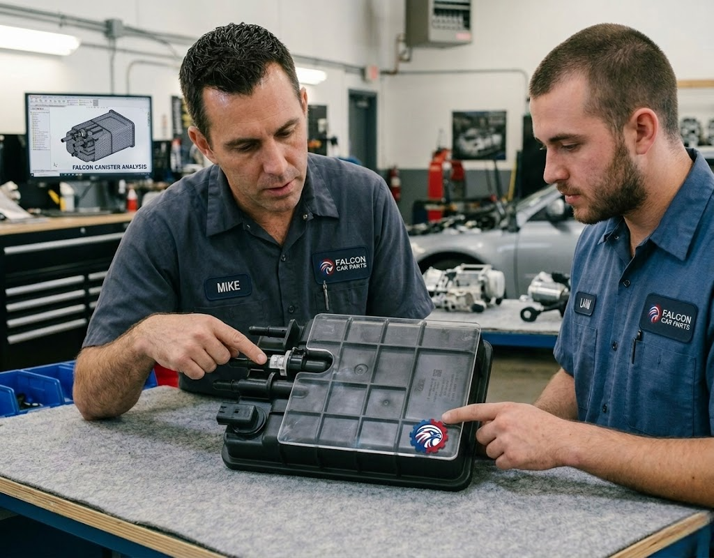 Technical staff inspecting used charcoal vapor canisters