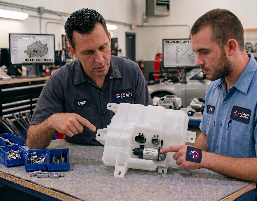 Technician inspecting an OEM windshield washer fluid tank